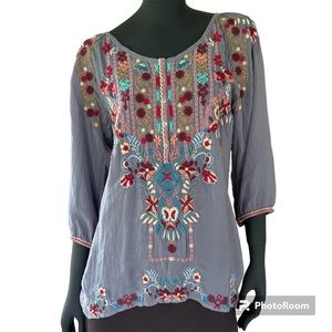 Johnny Was Gray Embroidered Blouse